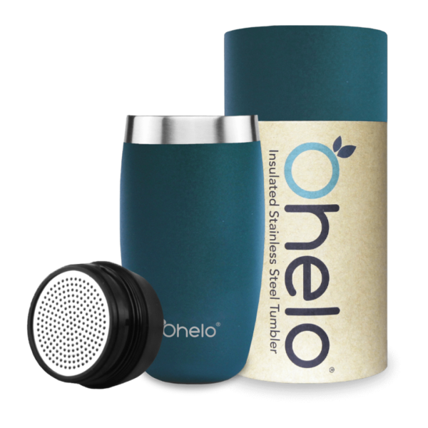 Ohelo green cup with tea strainer and packaging