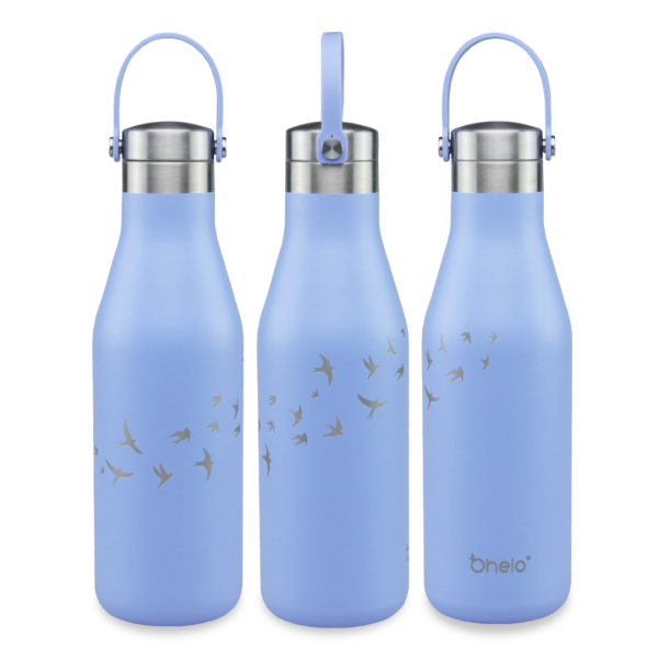 Ohelo blue swallow bottle, three sides