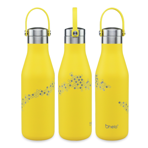 Ohelo yellow bee bottle, three sides