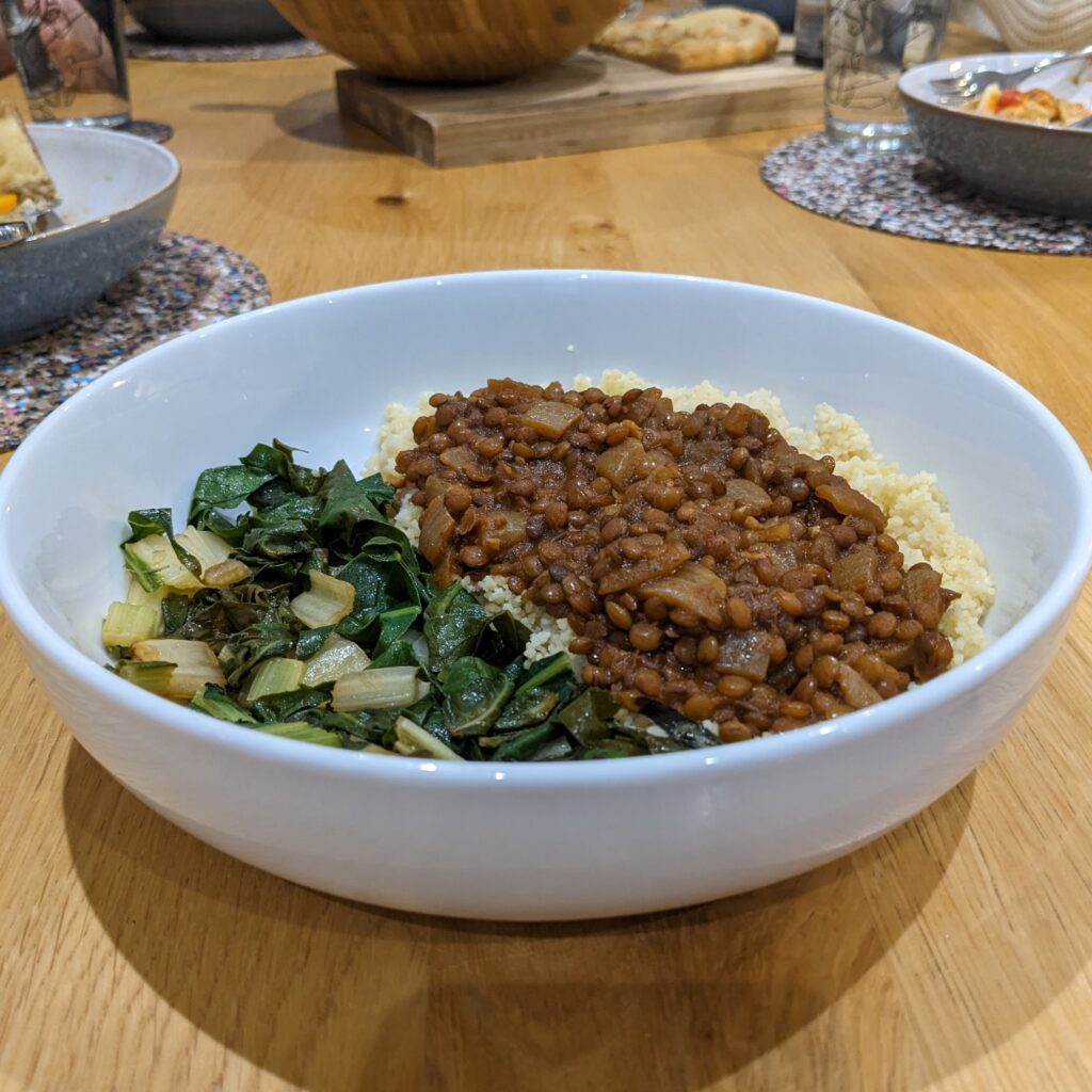 Ethiopoian-style lentils with cous cous and chard