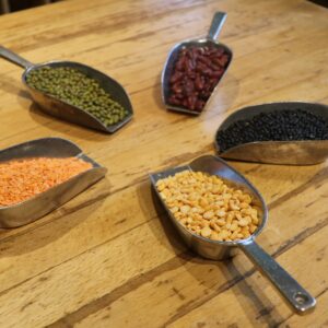 Kidney beans, mung beans, beluga lentils, red lentils, yellow split peas