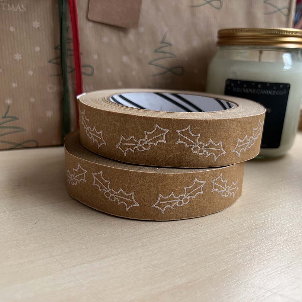 Holly Print Biodegradable Paper Tape | Zero Green Bristol